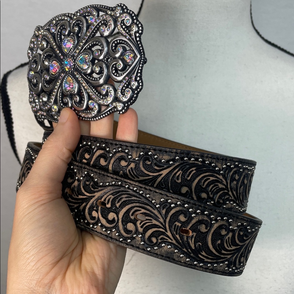 Crystal AB aurora borealis leather tooled western Black Embellished Belt - Picture 9 of 17